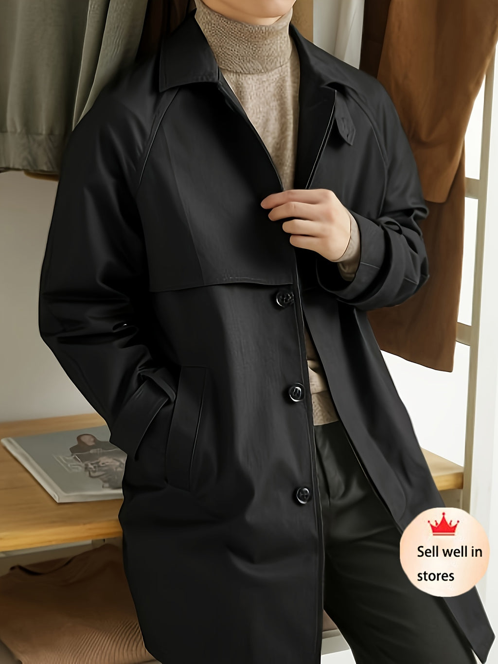 Trench pour homme, à revers, kaki