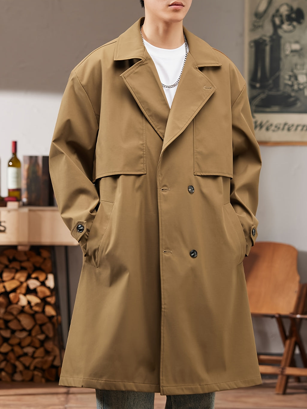 Trench mi-long pour homme, à revers