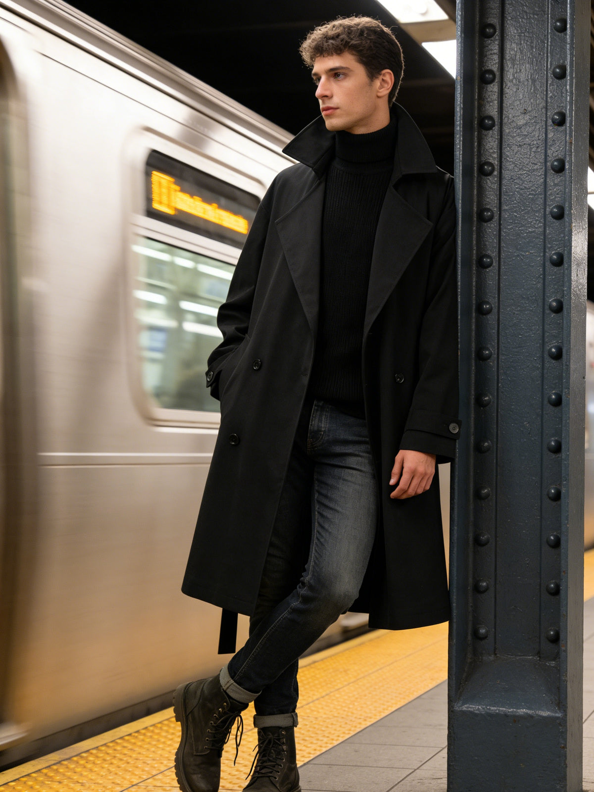 Trench mi-long pour homme, à revers, mi-long