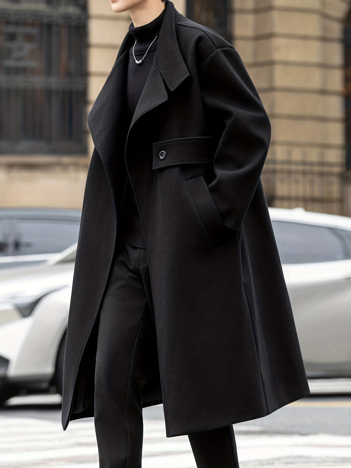 Trench mi-long pour homme, à revers, noir
