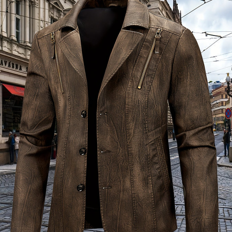 Veste en cuir PU, à revers, marron foncé, coloris marron foncé
