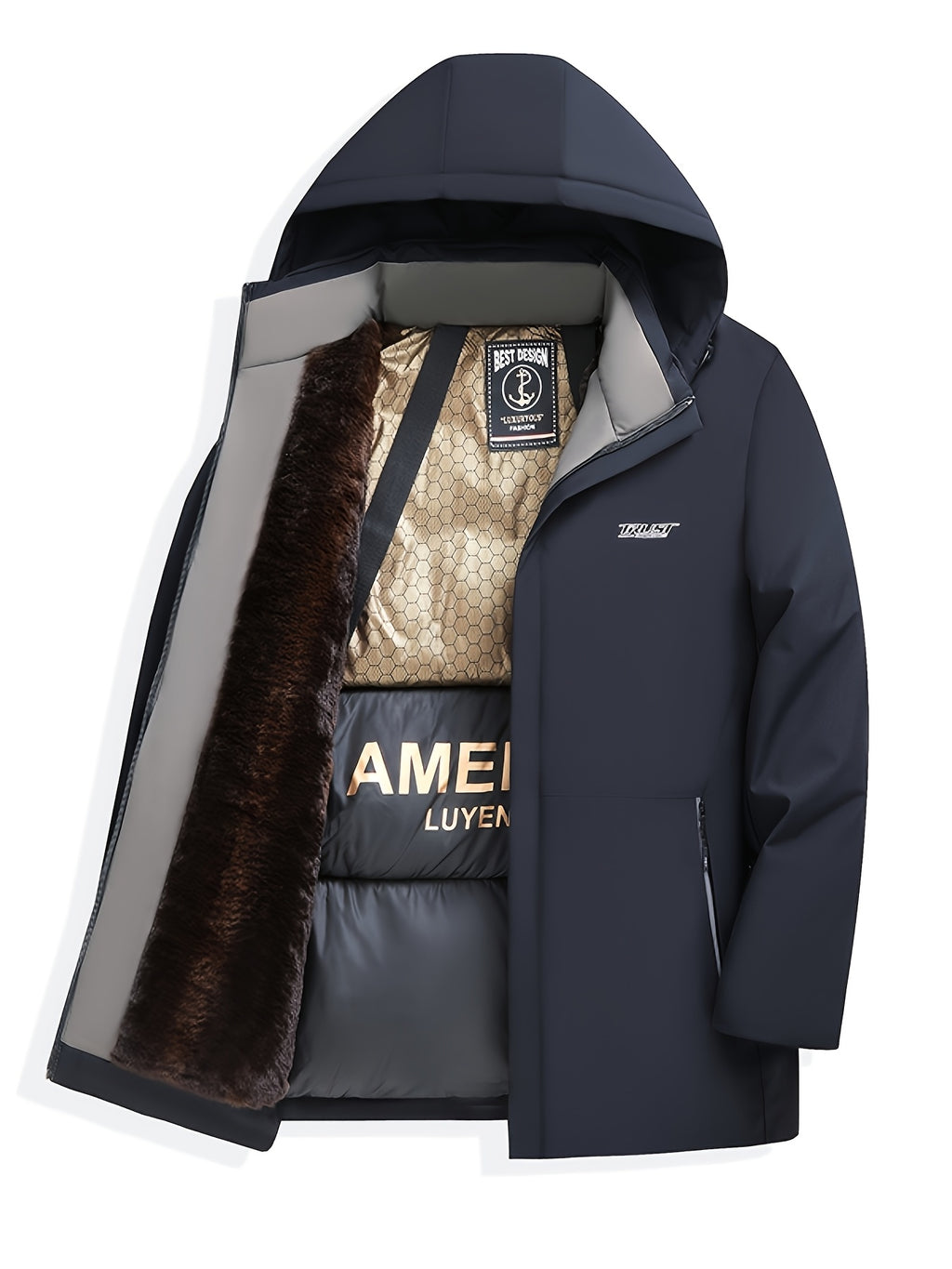 Manteau pour homme, capuche amovible, bleu marine