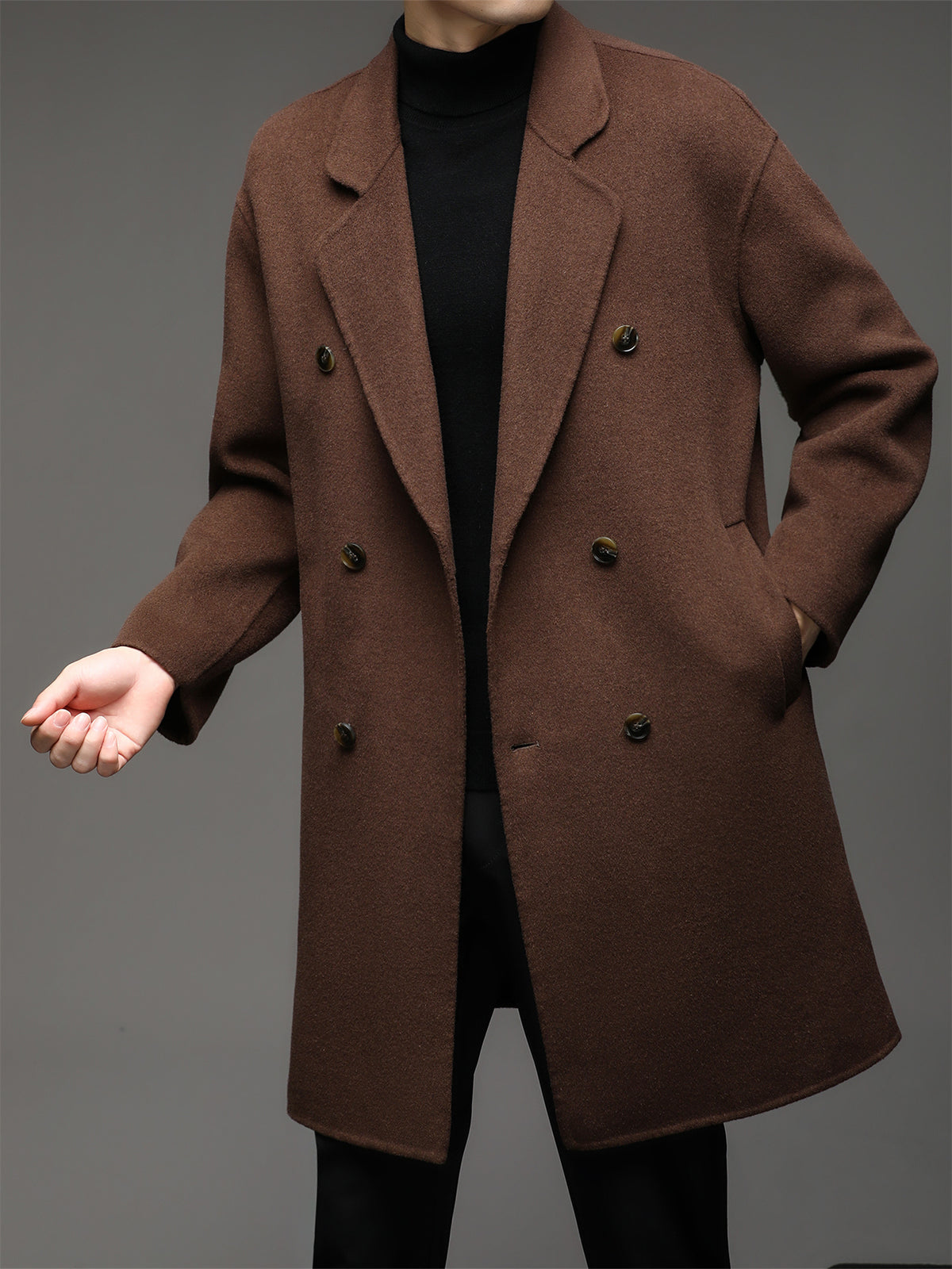 Manteau mi-long en laine pour homme, 70 % laine, col à revers