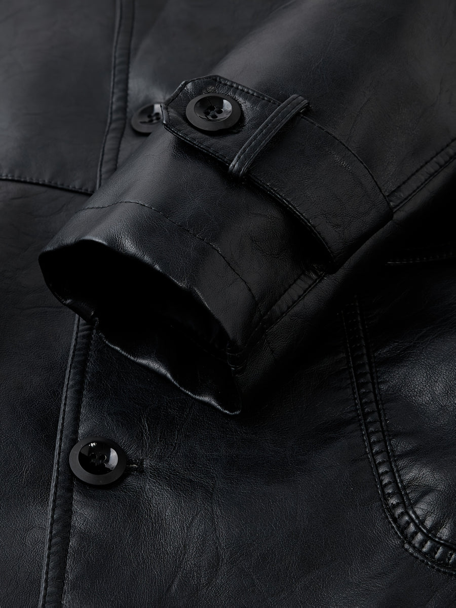 Manteau Homme Mi-Long Boutonné à Revers, Veste Rétro Facile et Décontractée en PU, détail du vêtement