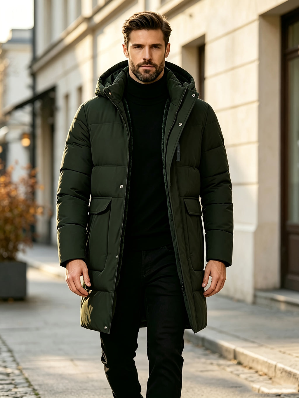 Pardessus matelassé long pour homme, à capuche