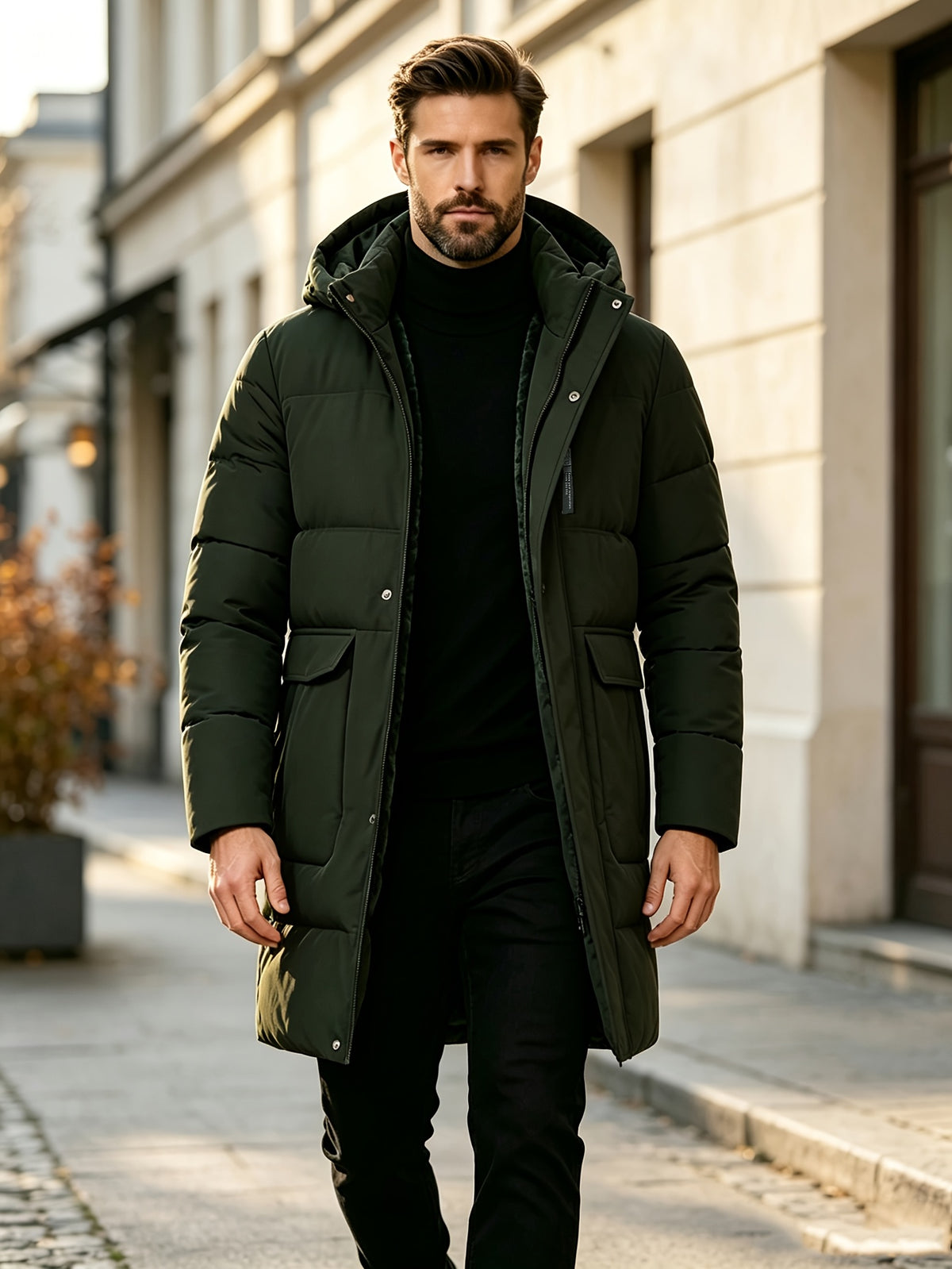 Pardessus matelassé long pour homme, à capuche