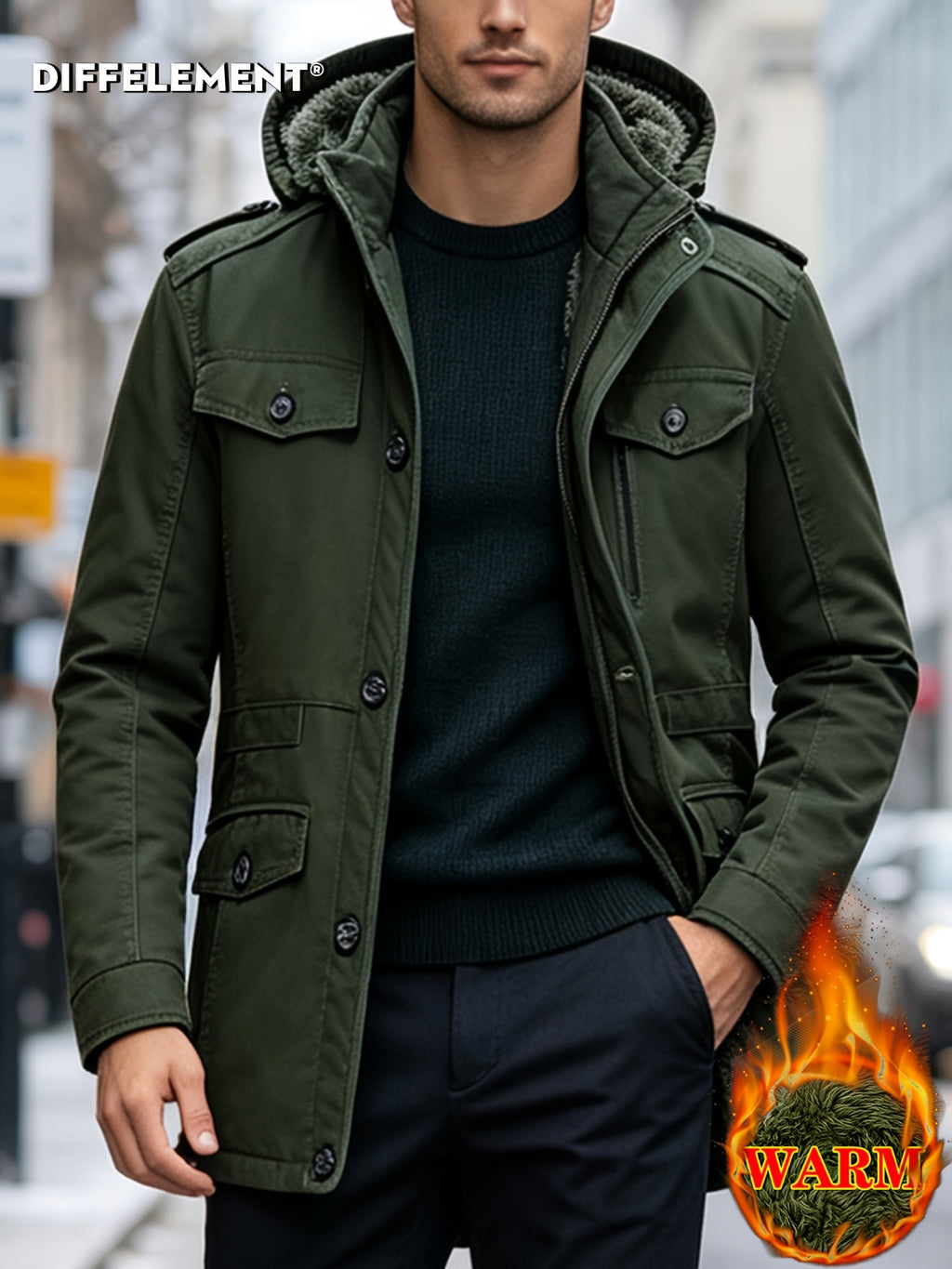 Parka matelassée pour homme, capuche amovible, à col montant