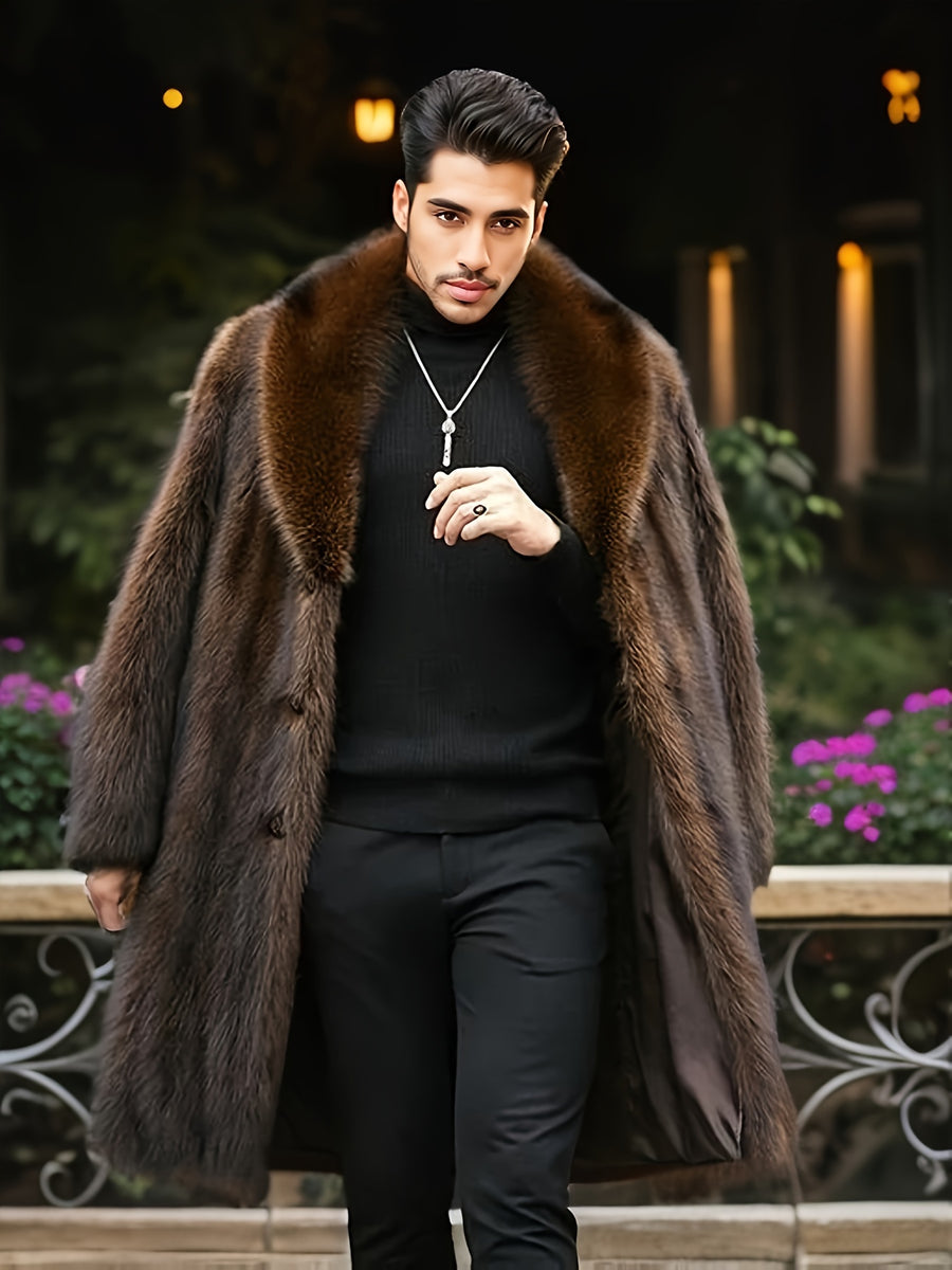 Manteau en fausse fourrure mi-long, à revers, brun