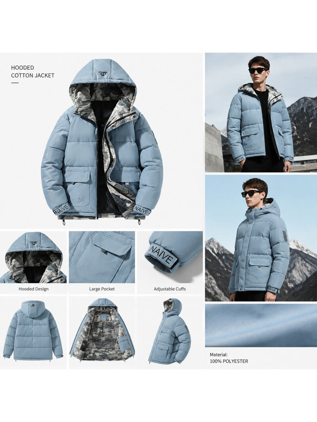 Veste matelassée pour homme, coupe-vent, à capuche, bleu brume