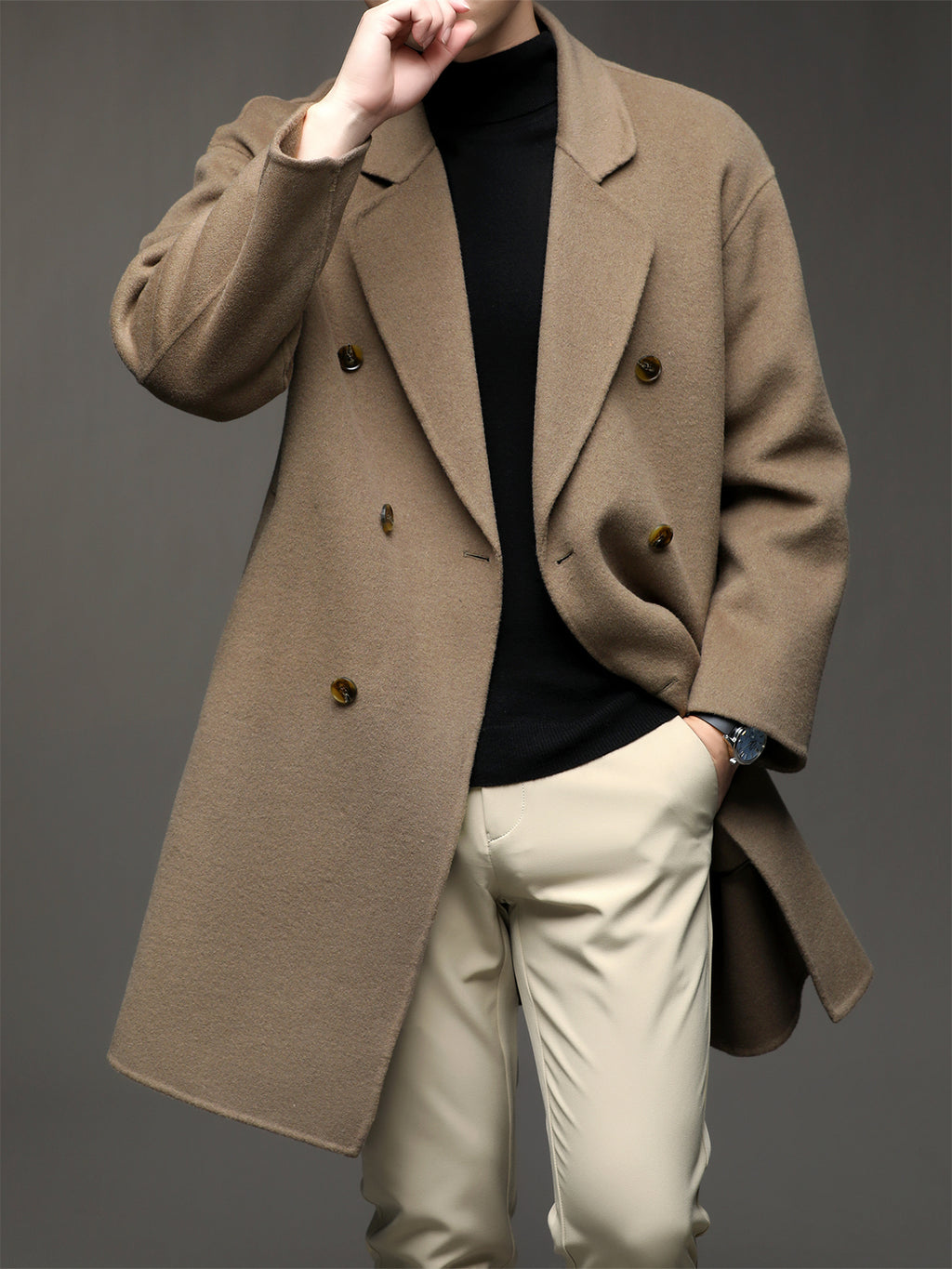 Manteau mi-long en laine pour homme, 70 % laine, col à revers