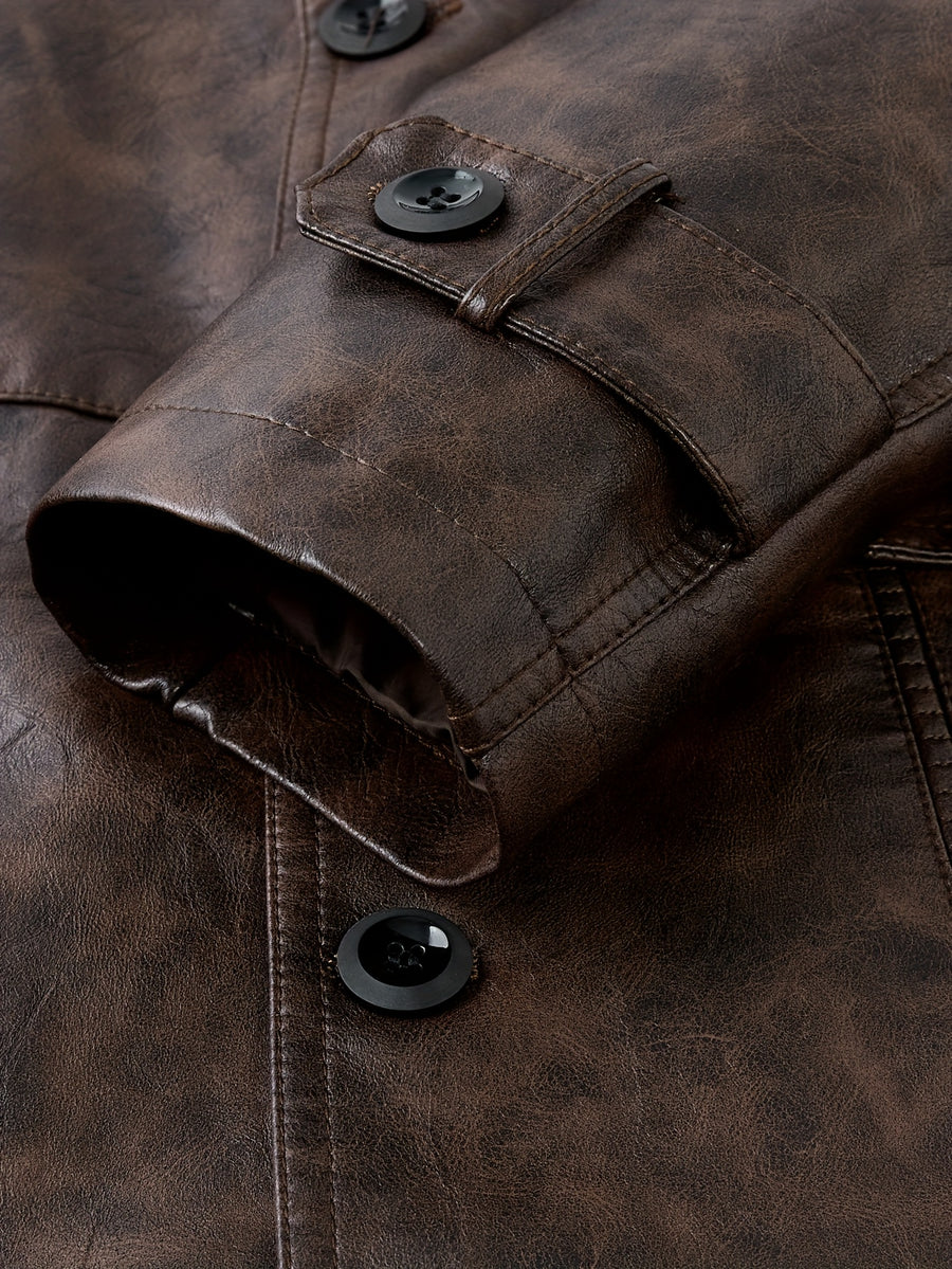 Manteau Homme Mi-Long Boutonné à Revers, Veste Rétro Facile et Décontractée en PU, photo 9