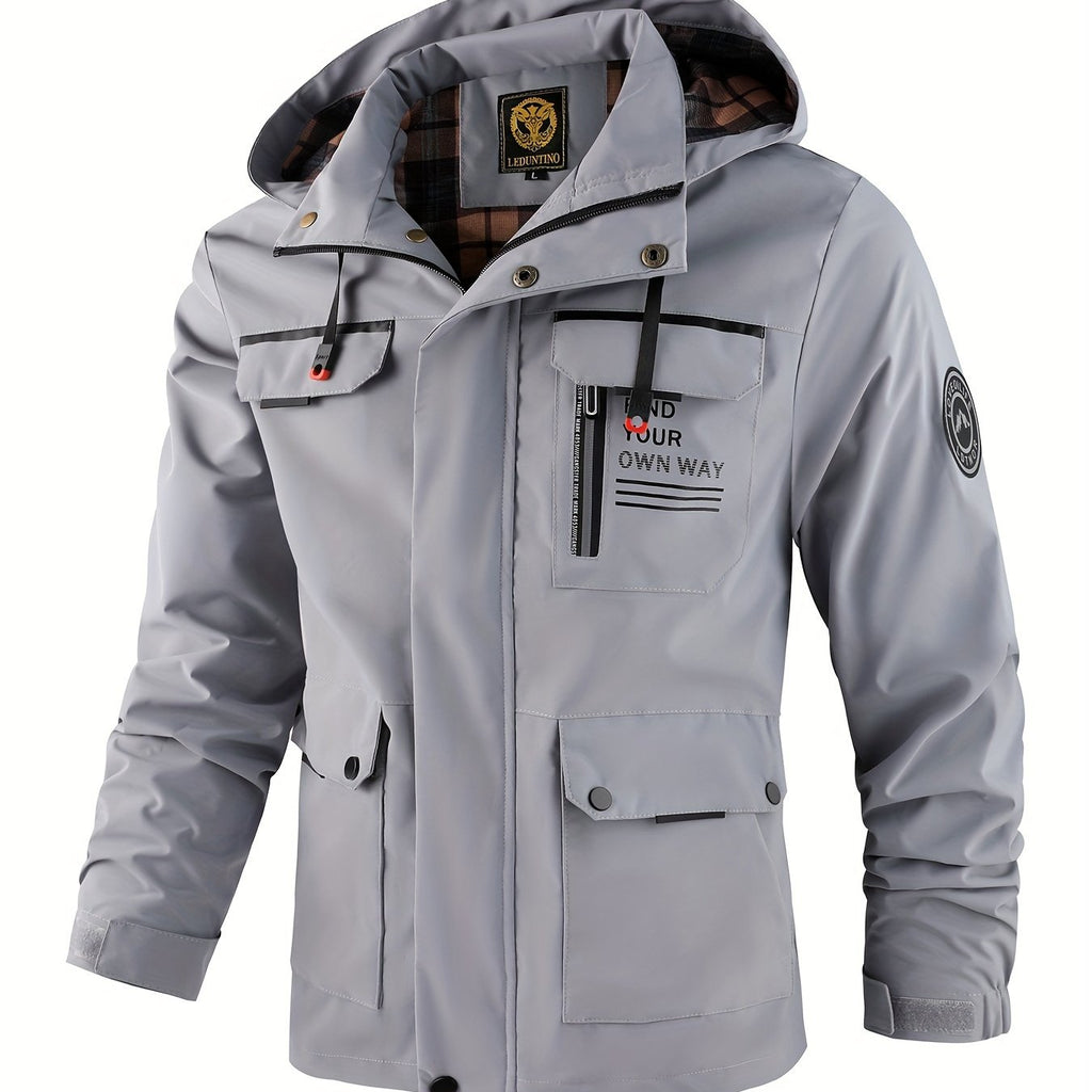 Veste, coupe-vent, à capuche, rouge brique, coloris gris