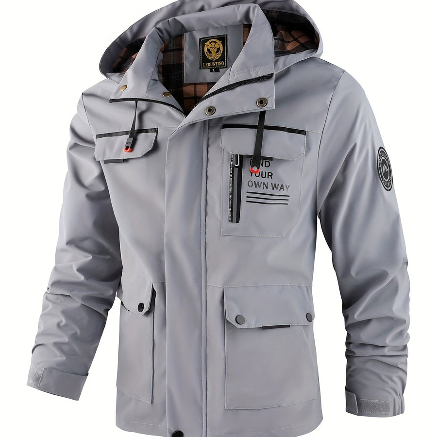 Veste, coupe-vent, à capuche, rouge brique, coloris gris