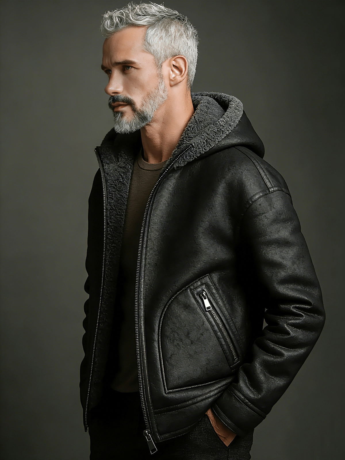 Manteau en fausse fourrure long pour homme, velours, à capuche