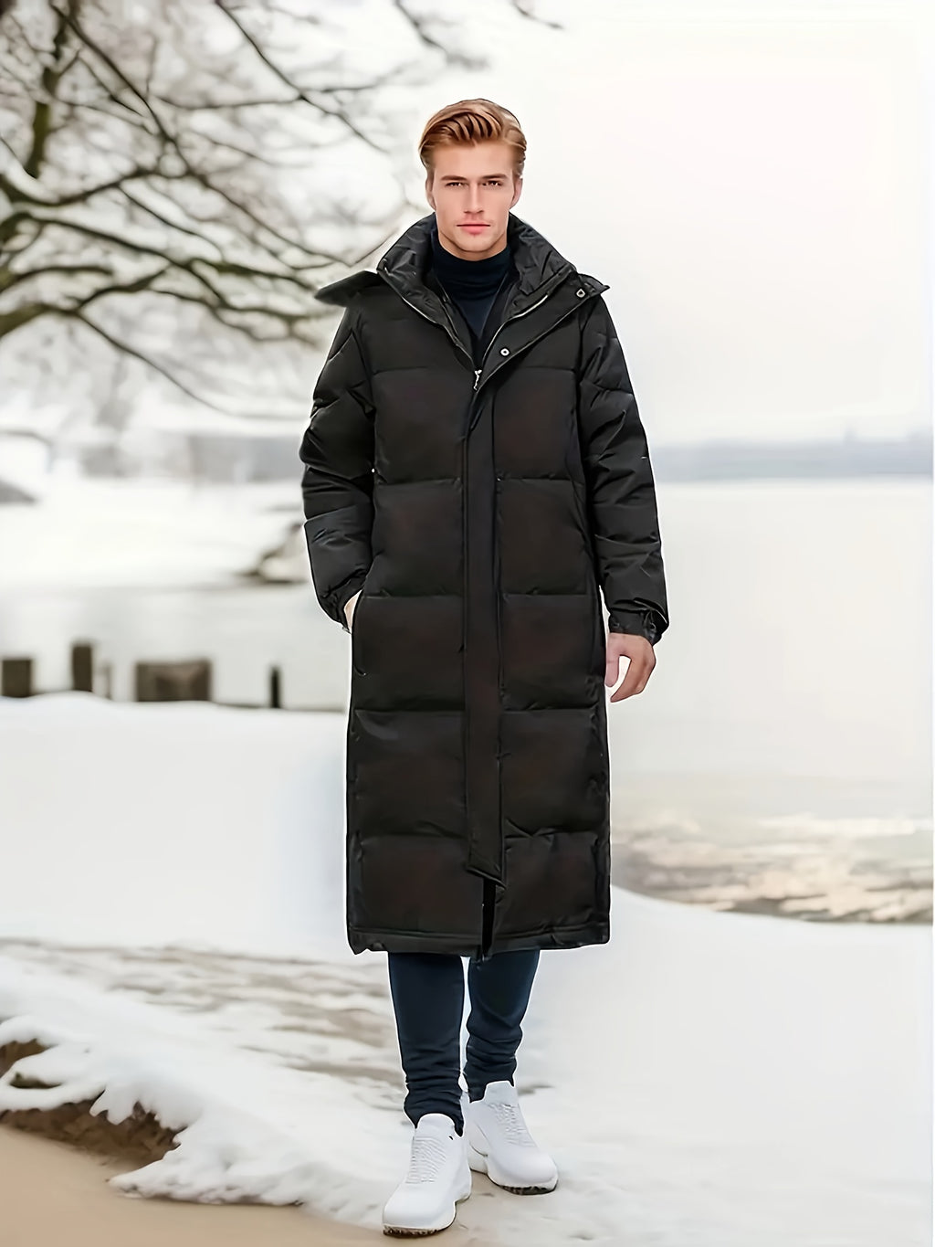 Manteau matelassé long pour homme, coupe-vent, à capuche, long