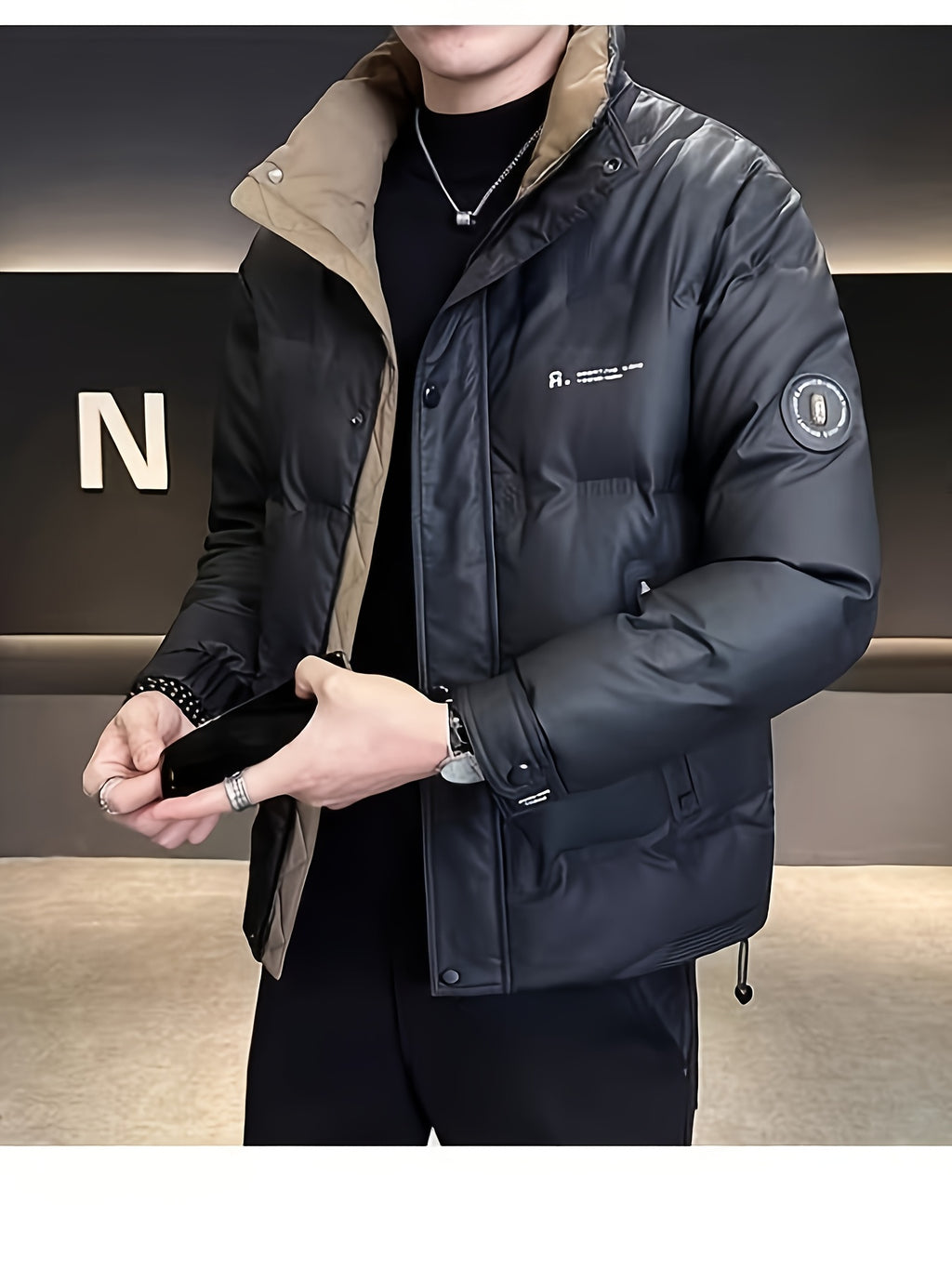 Manteau pour homme, à col montant, gris clair