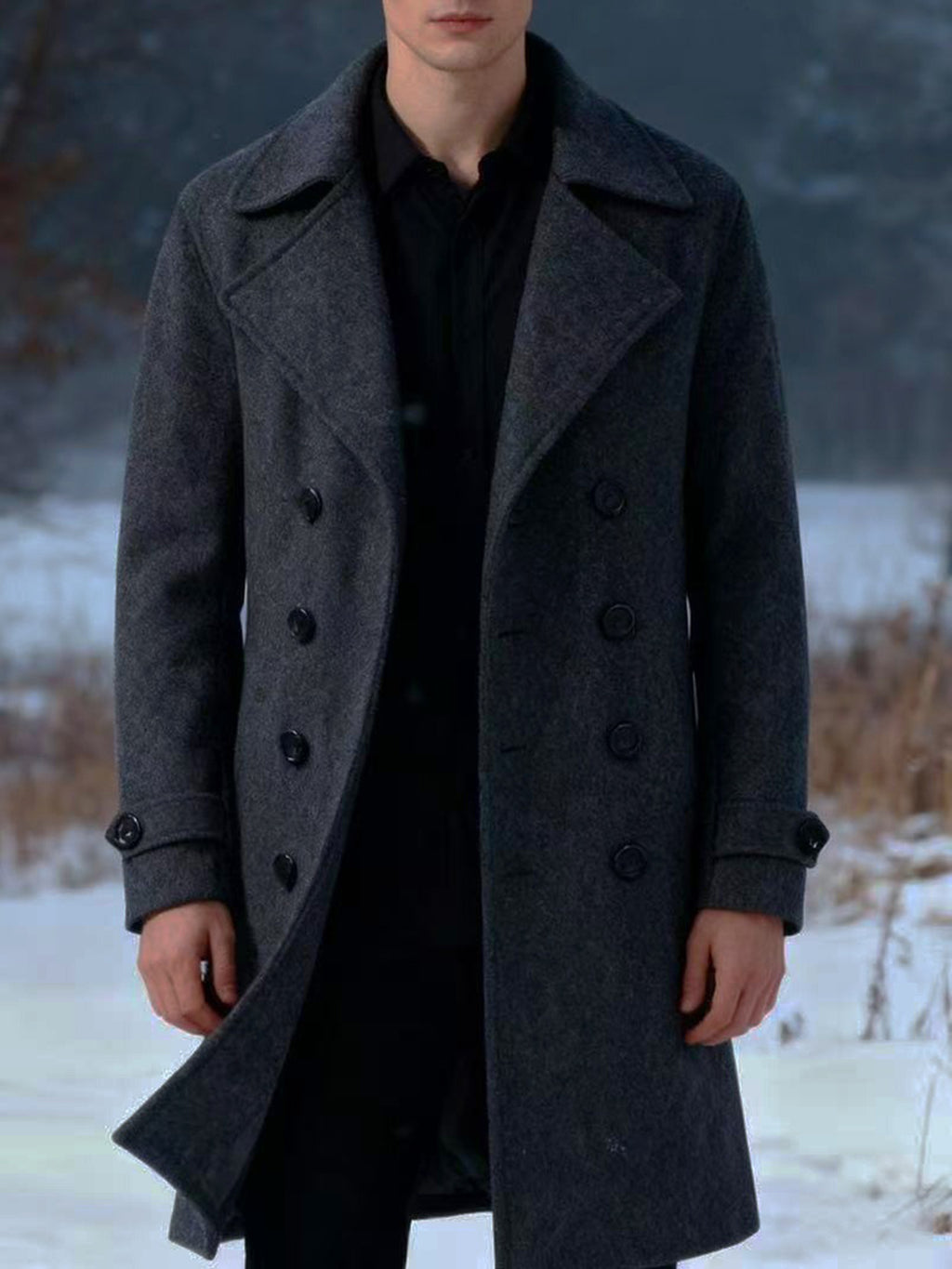 Manteau long pour homme, à revers, gris foncé