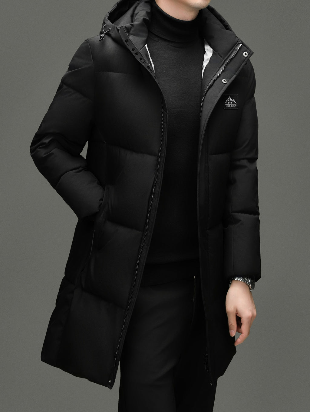 Manteau matelassé long pour homme, à capuche, noir