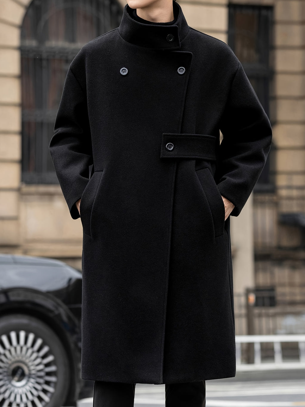 Trench mi-long pour homme, à revers, noir