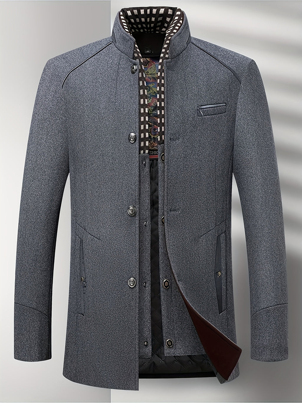 Manteau mi-long en tweed pour homme, 55 % laine, col montant