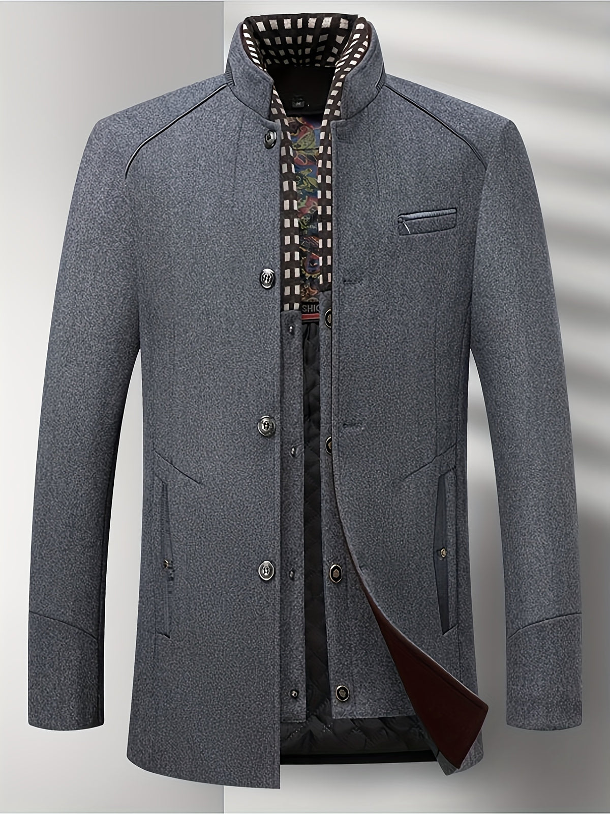 Manteau mi-long en tweed pour homme, 55 % laine, col montant