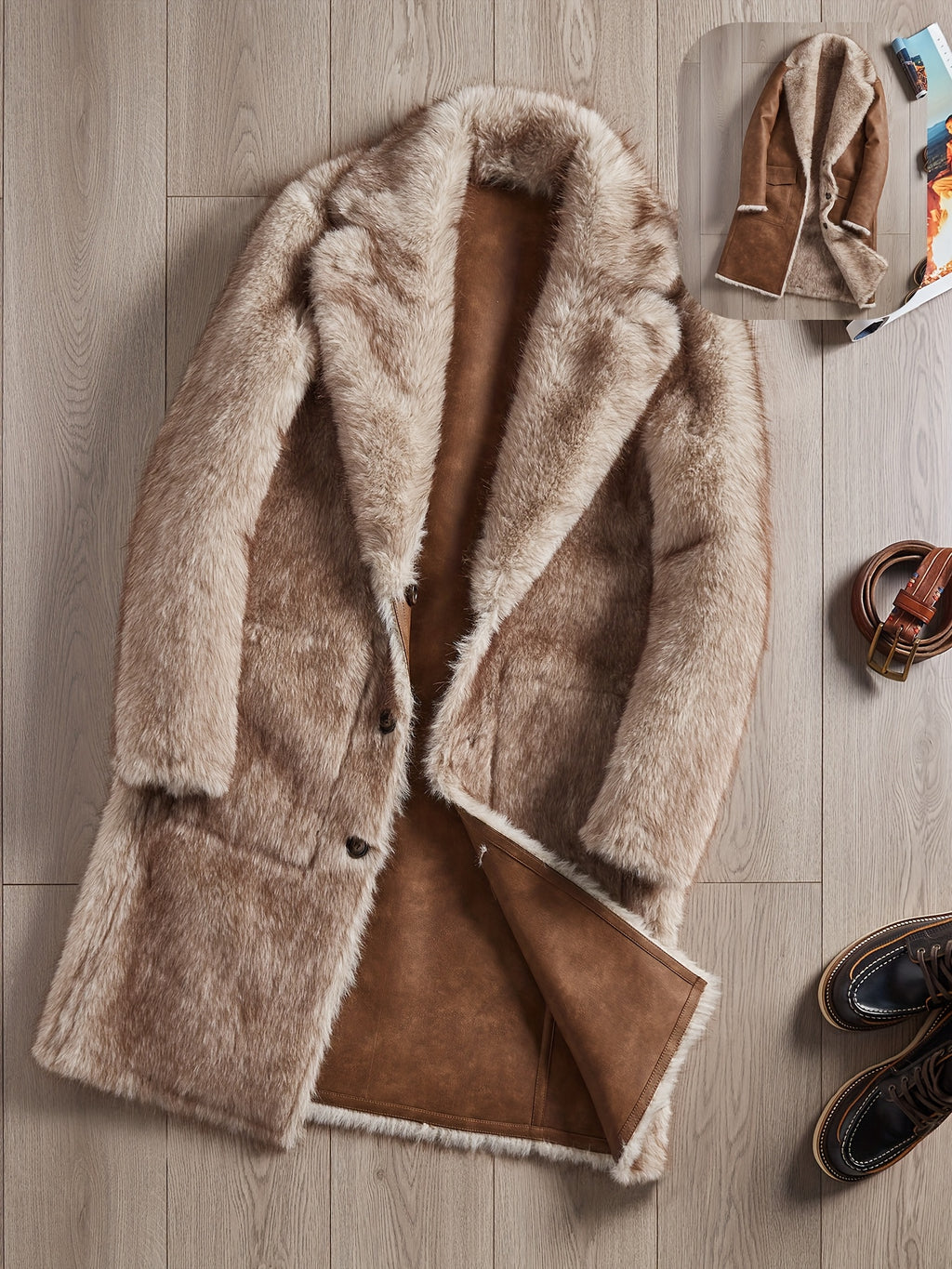 Manteau en fausse fourrure long pour homme, à revers, jaune marron