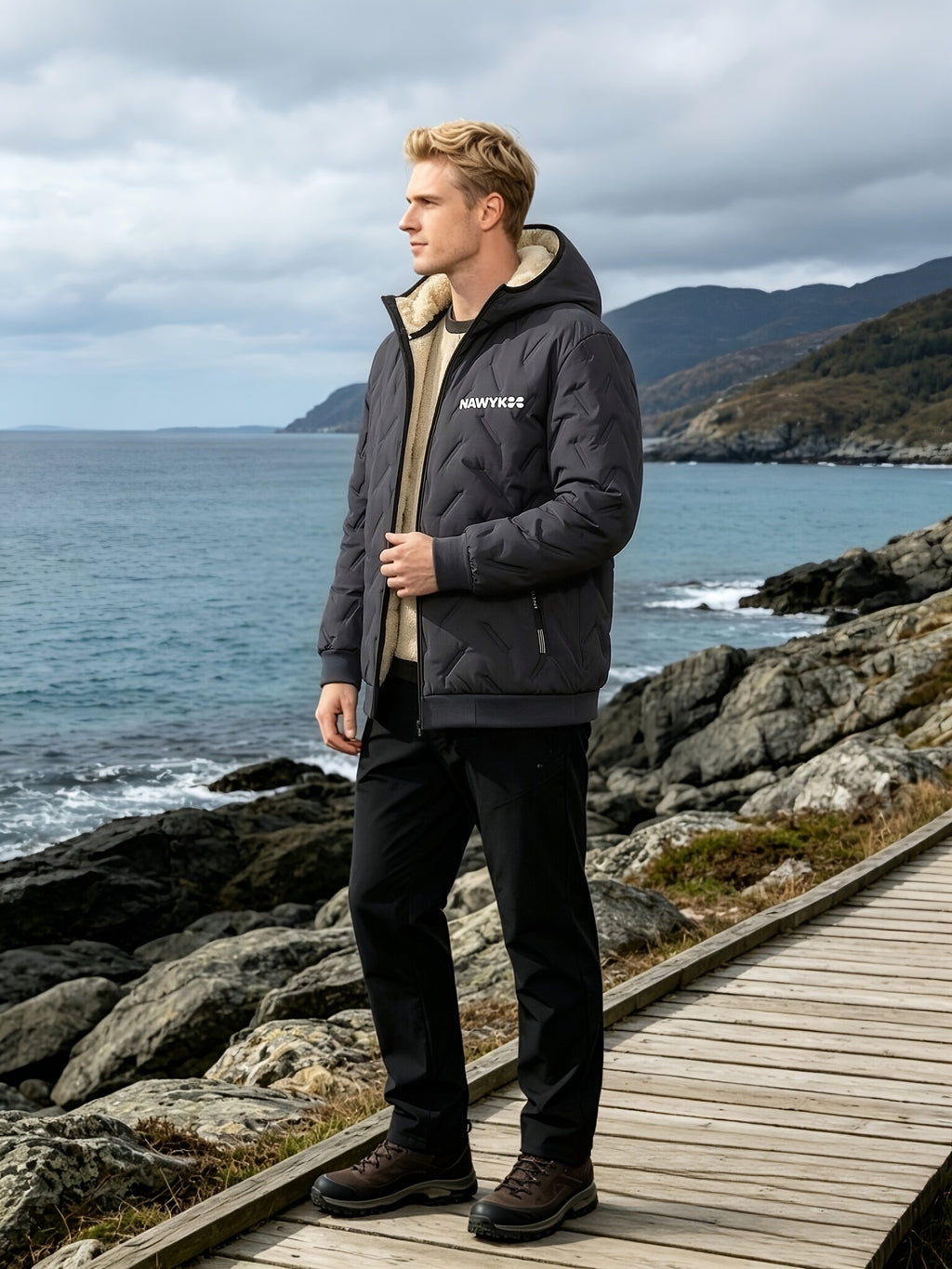 Manteau matelassé pour homme, coupe-vent, à capuche, bleu foncé