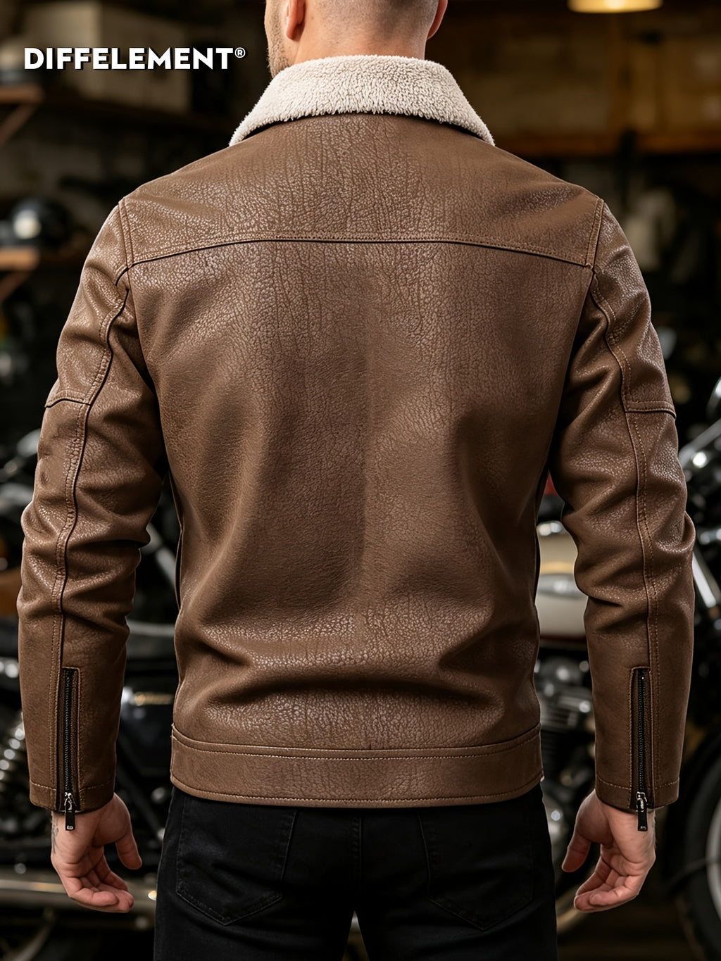 Veste de moto en PU pelucheux avec doublure à revers, doublure épaisse et chaude, tissu à texture vintage, multiples poches à fermeture éclair, coupe slim courte, tenue décontractée américaine pour la conduite et les trajets automne/hiver, vête, photo 11