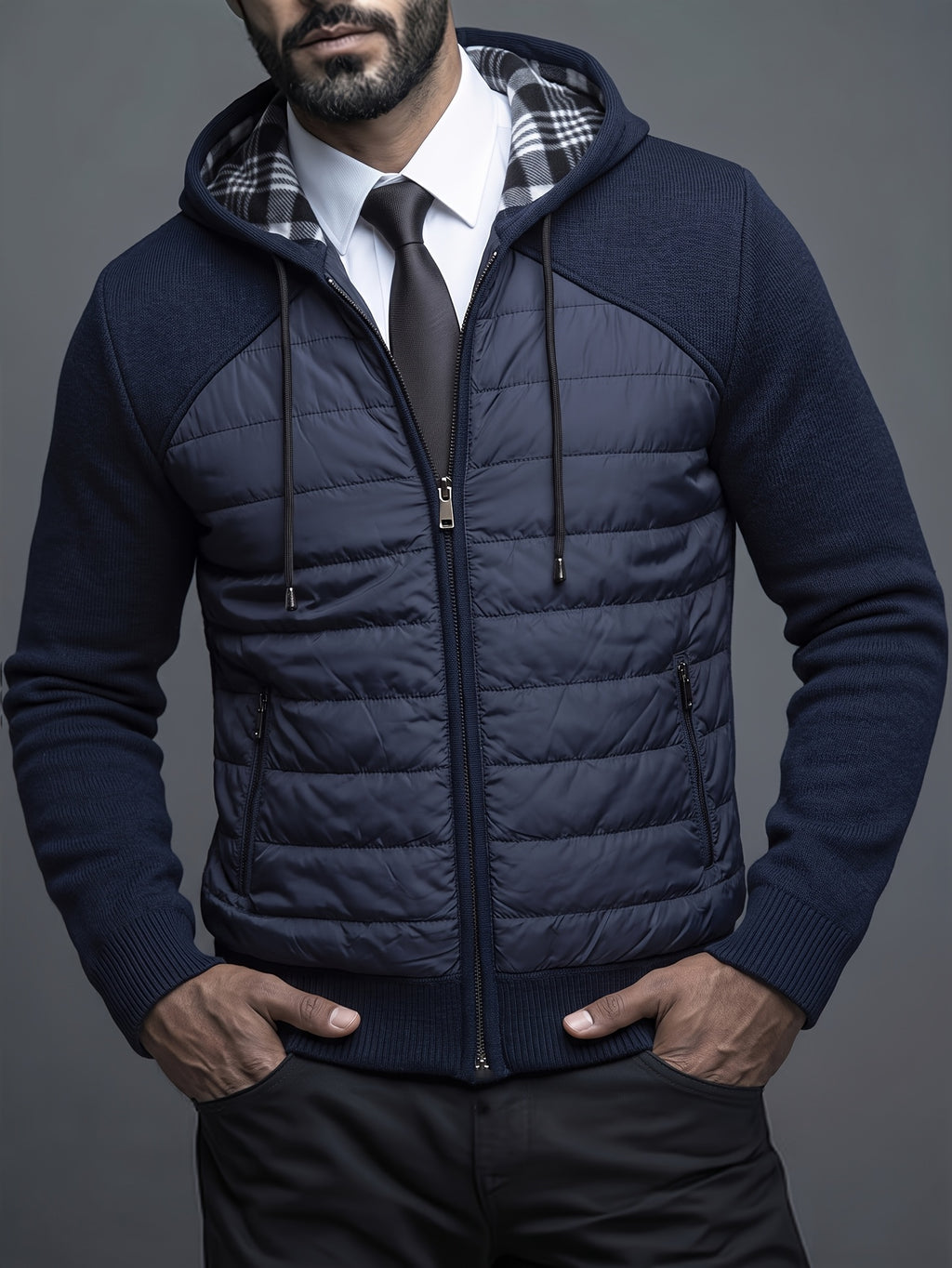 Manteau matelassé long pour homme, patchwork, à capuche