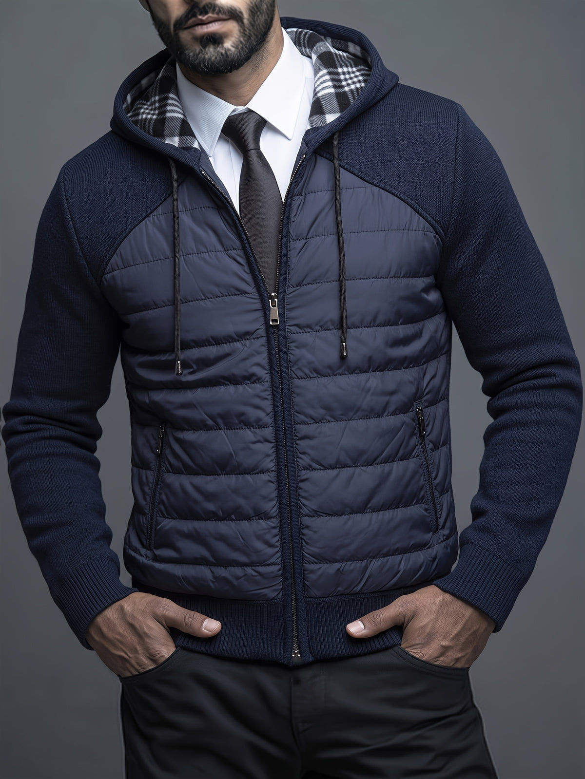 Manteau matelassé long pour homme, patchwork, à capuche