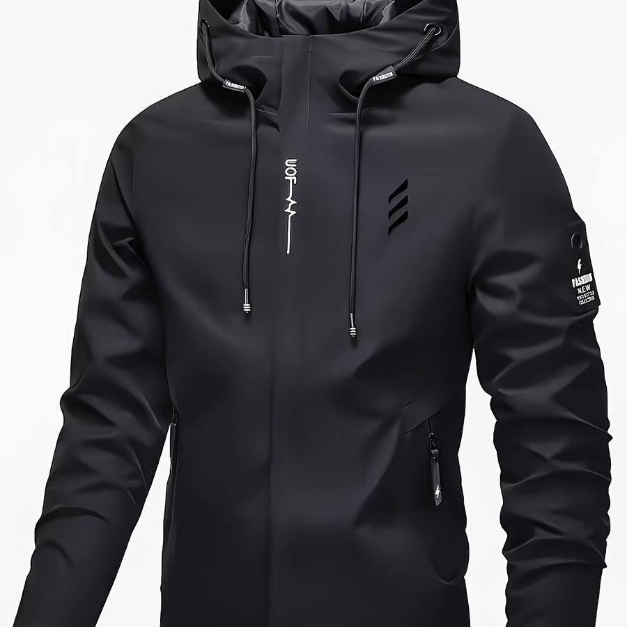 Veste, coupe-vent, à capuche, motif imprimé aléatoire, coloris noir
