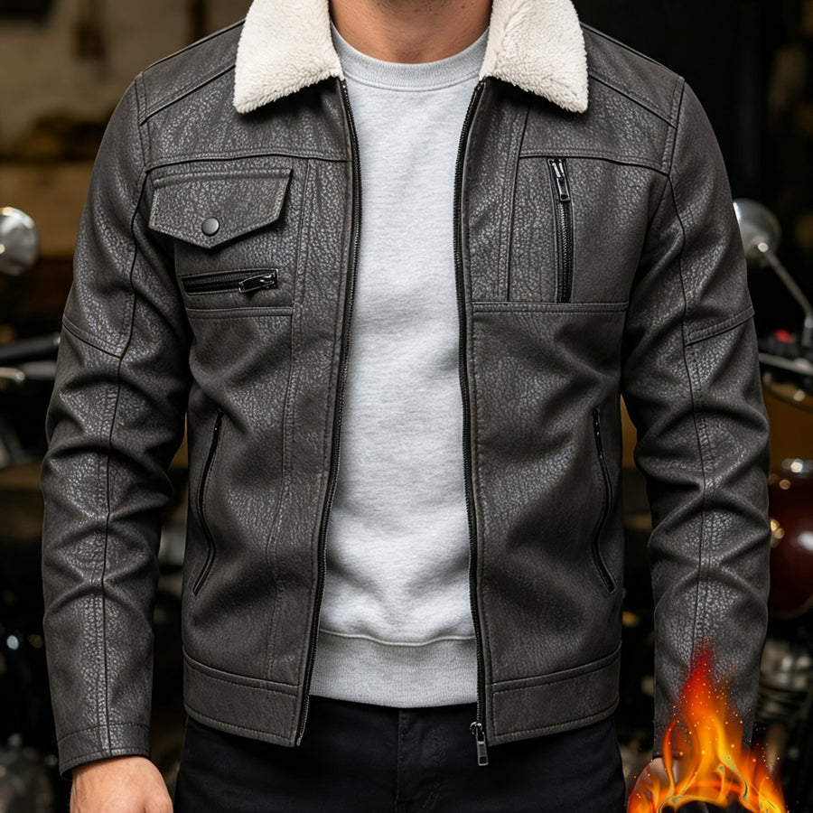 Veste de moto en PU pelucheux avec doublure à revers, doublure épaisse et chaude, tissu à texture vintage, multiples poches à fermeture éclair, coupe slim courte, tenue décontractée américaine pour la conduite et les trajets automne/hiver, vête, coloris gris foncé