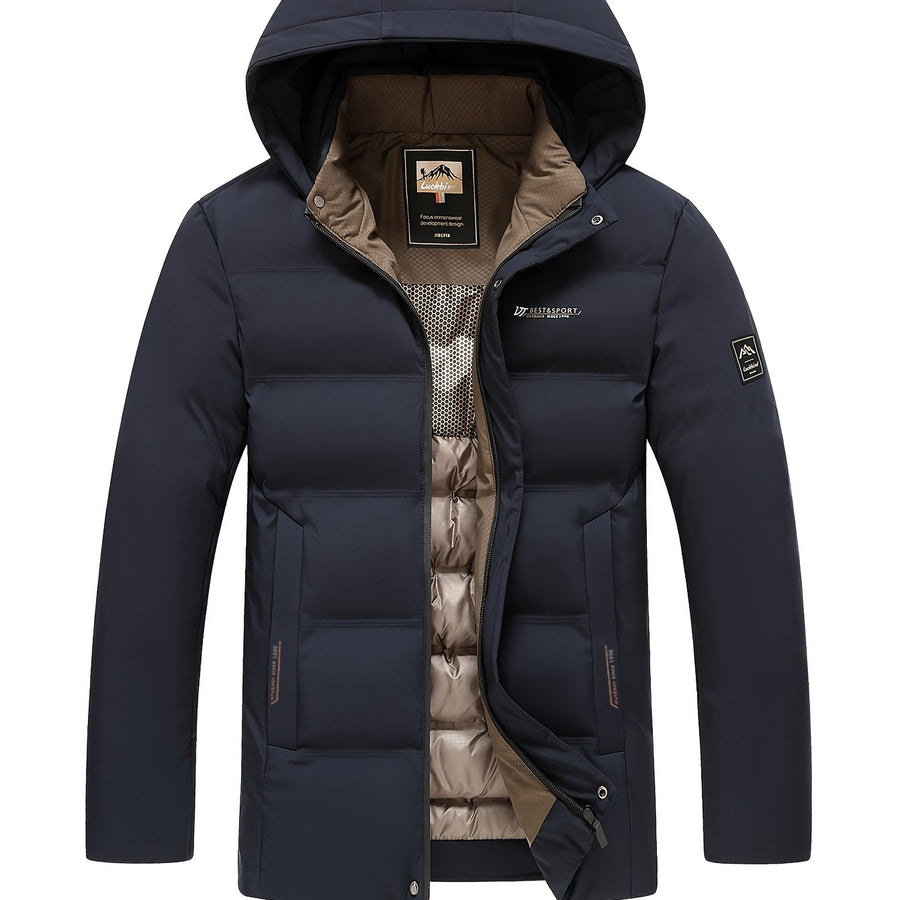 Veste, coupe-vent, à capuche, fermeture éclair, coloris bleu marine