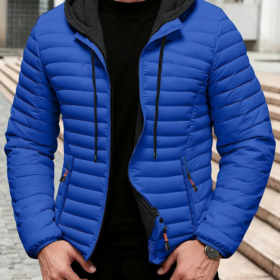 Veste matelassée, coupe-vent, à capuche, kaki, coloris bleu, détail