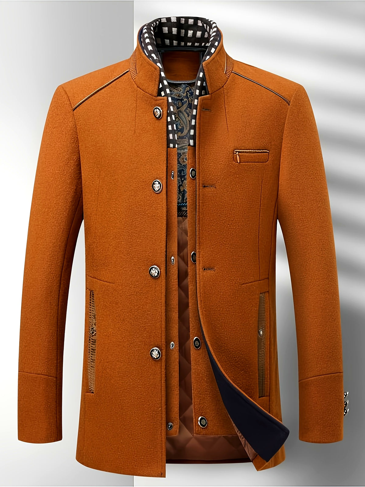Manteau mi-long en tweed pour homme, 55 % laine, col montant