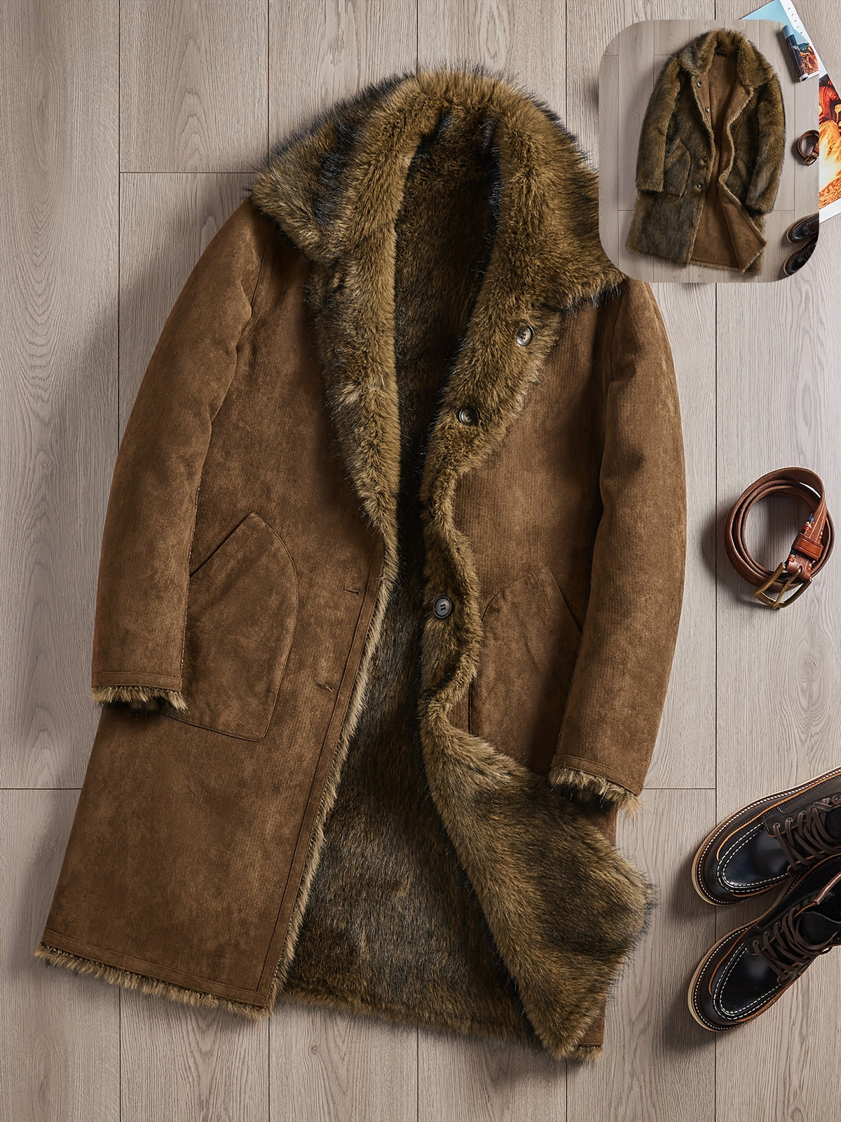 Manteau en fausse fourrure long pour homme, à revers