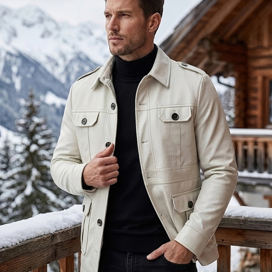 Veste en cuir PU longue, à revers, coloris blanc, détail