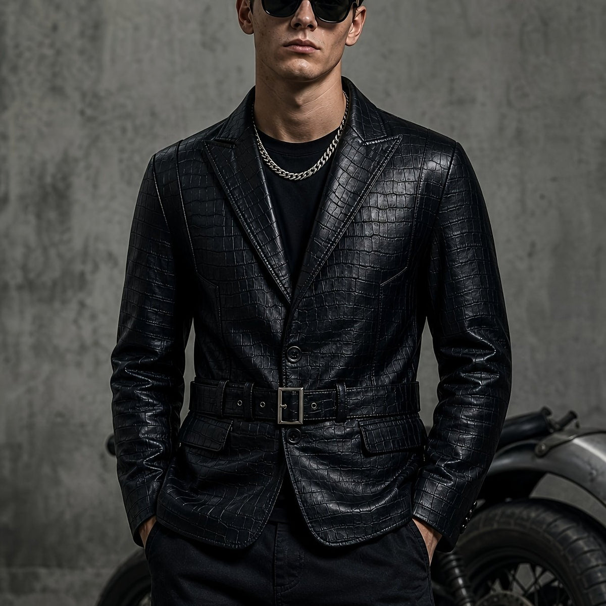 Veste long, grandes tailles, à revers, coloris métal noir Image