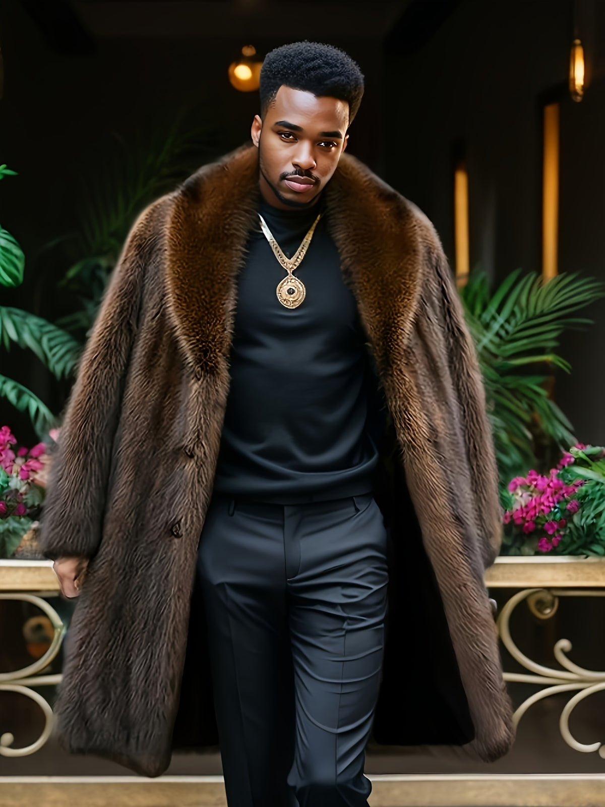 Manteau en fausse fourrure mi-long pour homme, à revers, mi-long