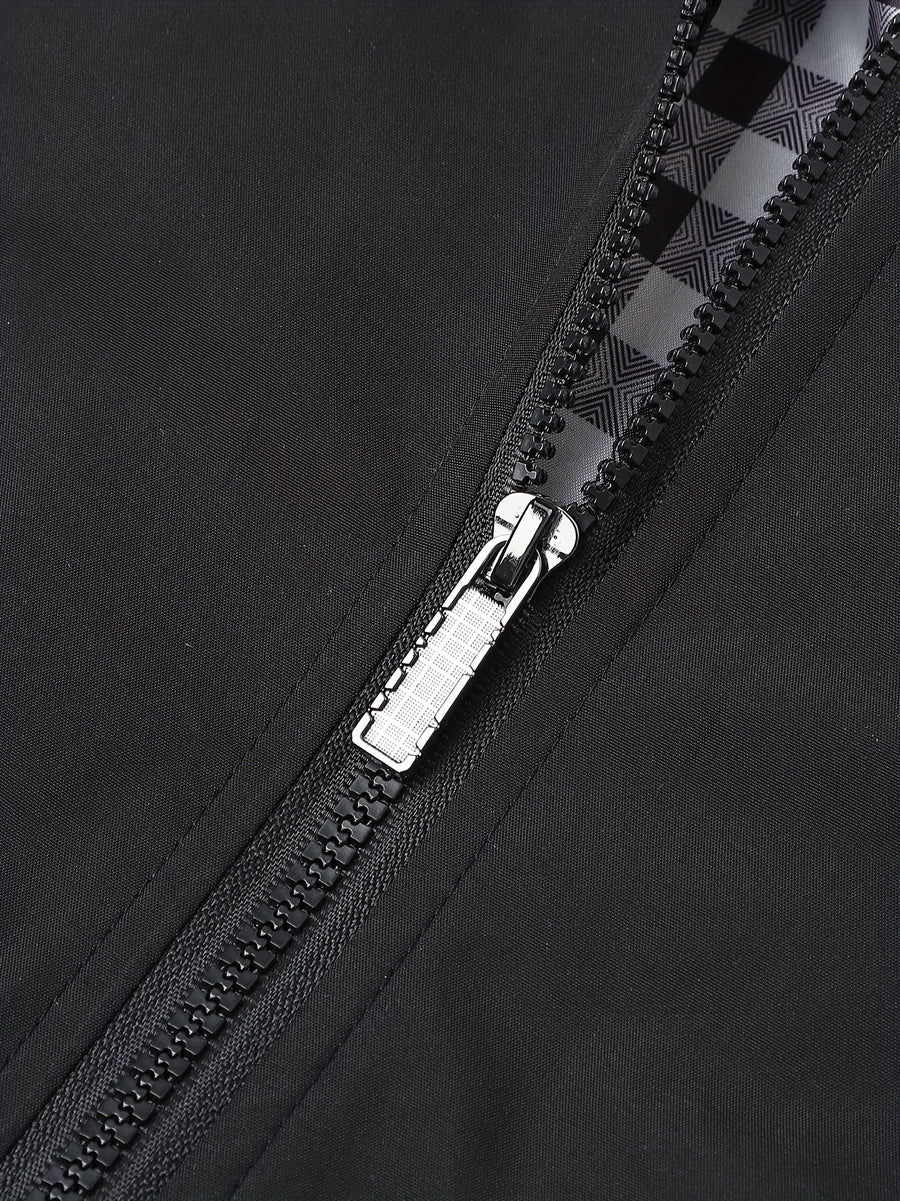 Veste, à carreaux, à col montant, noir, détail du vêtement
