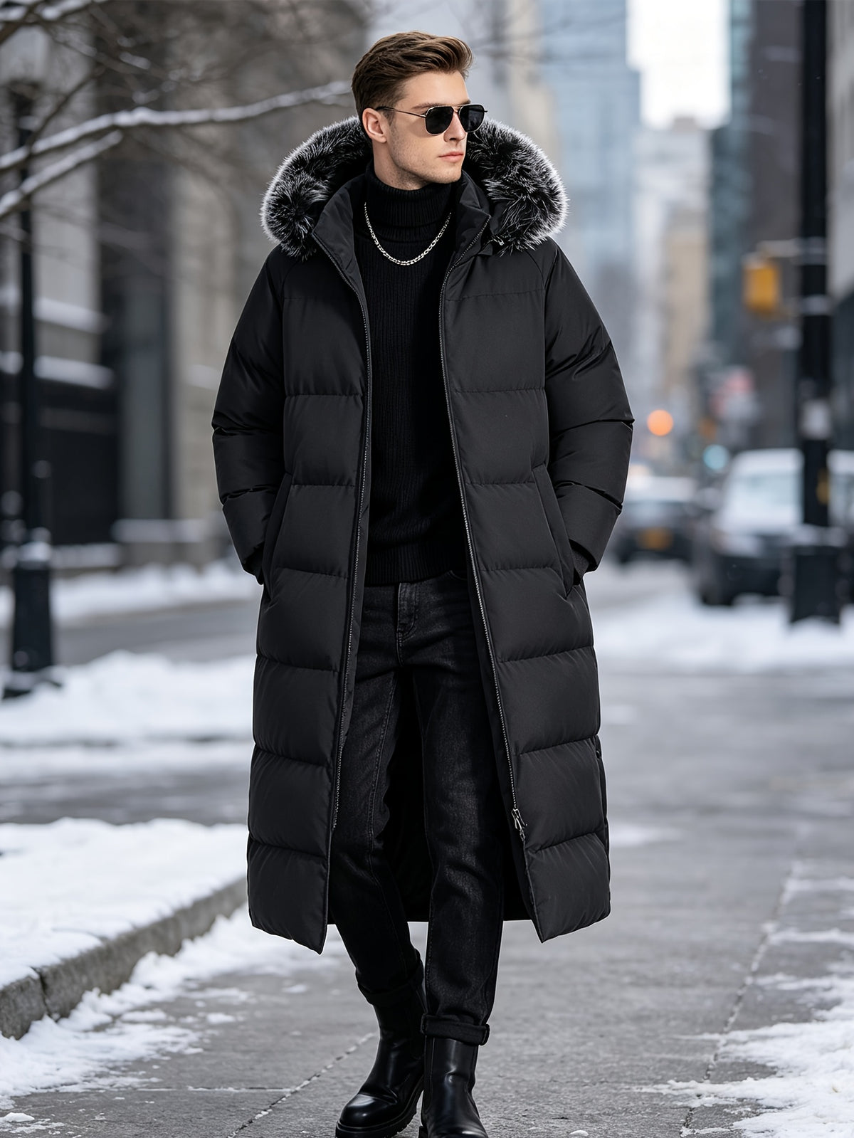 Manteau matelassé long pour homme, à capuche