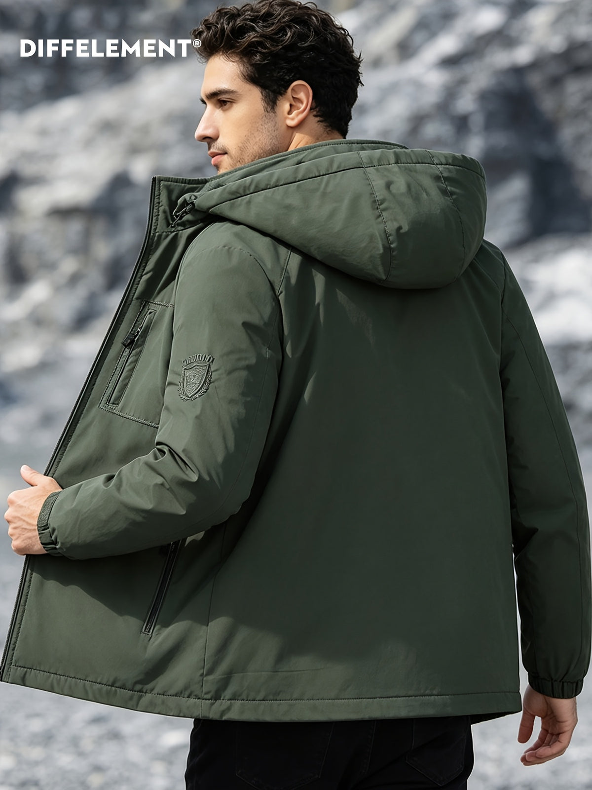 Veste pour homme, coupe-vent, à capuche, vert foncé