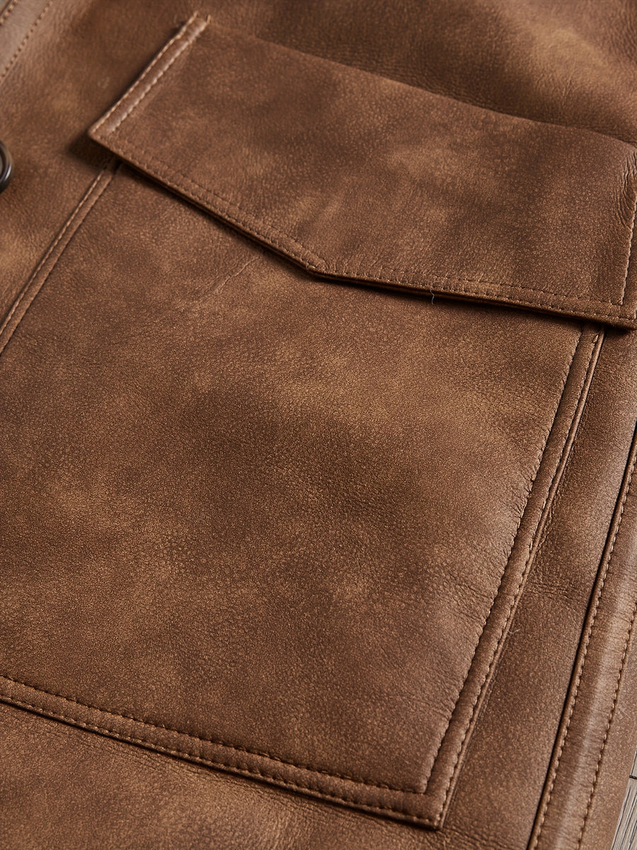 Manteau en fausse fourrure long, à revers, jaune marron, détail du vêtement