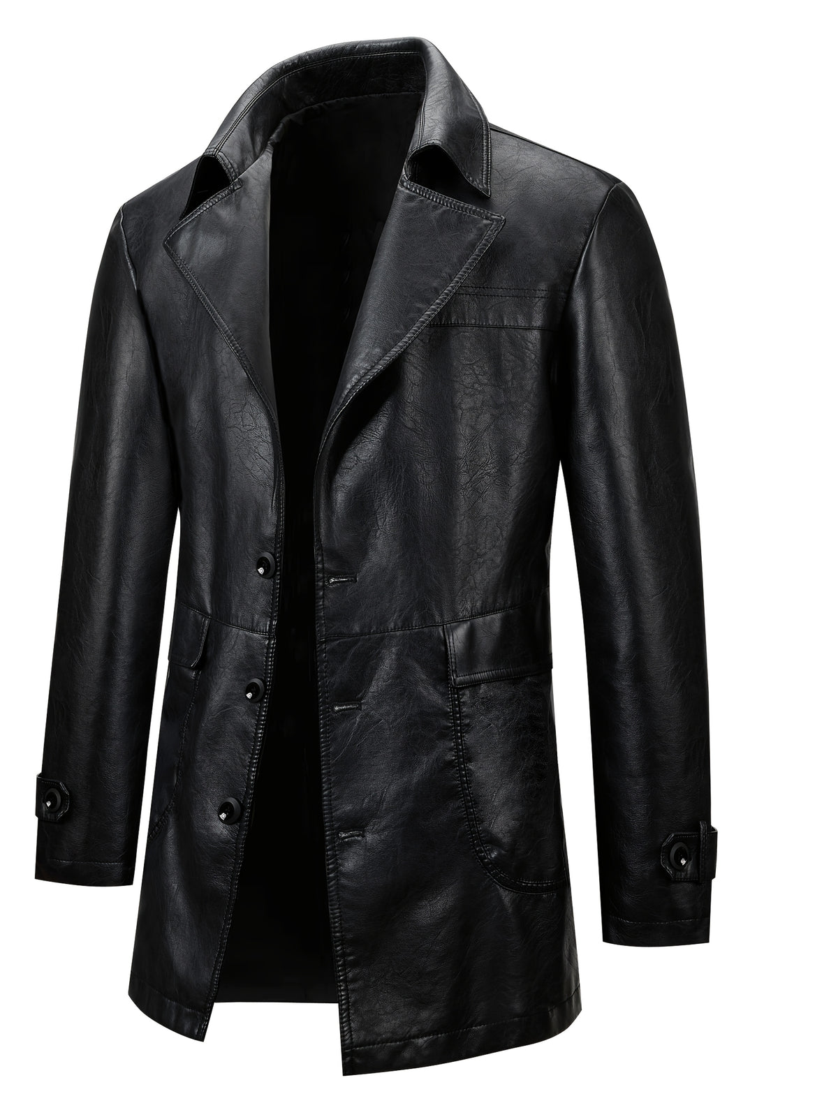 Manteau Homme Mi-Long Boutonné à Revers, Veste Rétro Facile et Décontractée en PU Image