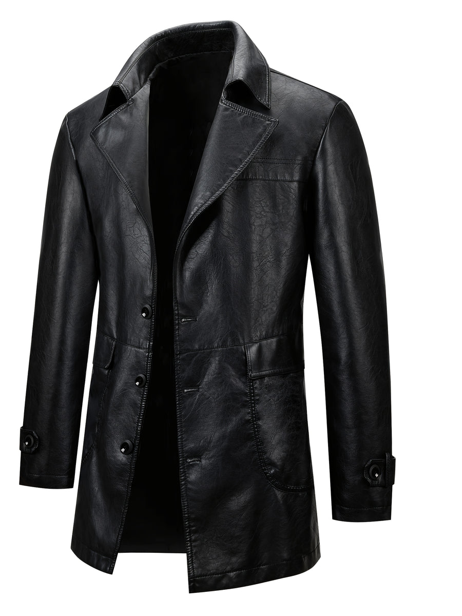 Manteau Homme Mi-Long Boutonné à Revers, Veste Rétro Facile et Décontractée en PU