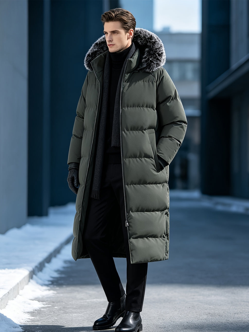 Veste en fausse fourrure pour homme, à capuche, vert fougère