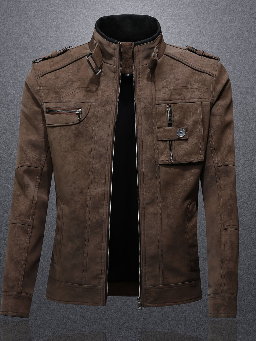 Veste en cuir PU, à col montant, noir, photo 11