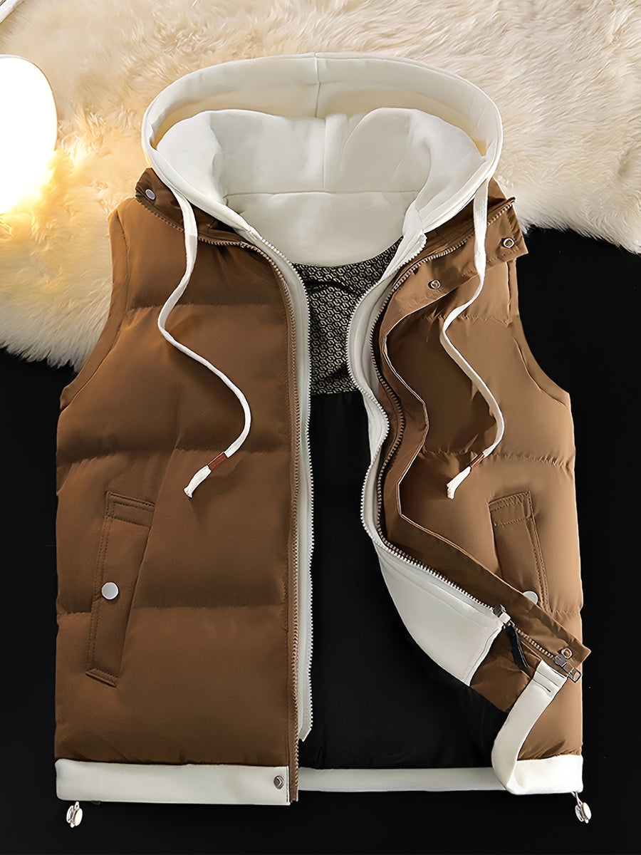 Gilet d'hiver chaud, design tendance sans manches aspect 2-en-1, capuche à cordon de serrage réglable, fermeture avant double ouverture par boutons-pression et fermeture éclair, poche de rangement pratique à insertion latérale, détails de bordu, photo 21