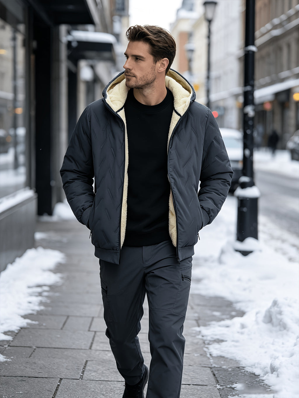 Veste matelassée pour homme, polaire, à capuche, gris