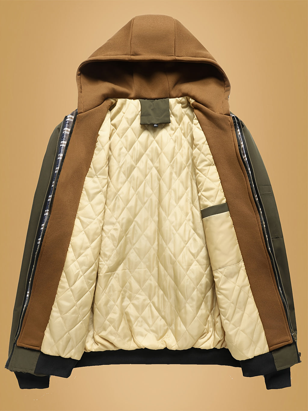 Veste pour homme, à carreaux, à capuche, kaki